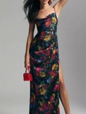 Anthropologie Hutch Black Floral Cowl Neck Pleated Maxi Dress 16W NWT